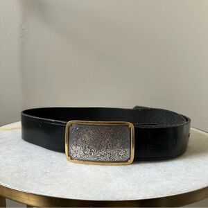 Western Floral Scroll Large Metal Chunky Buckle Black Genuine Leather Belt 42”